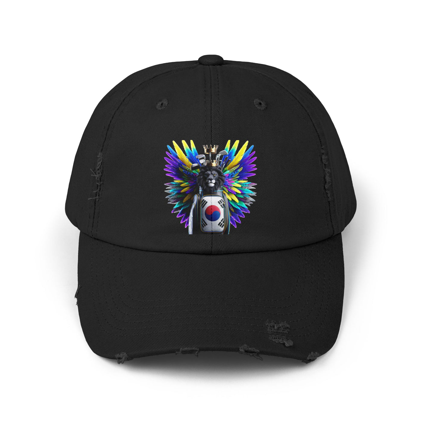 Distressed Golf Cap, South Korean Flag Winged Lion Head Golf Bag Design Hat