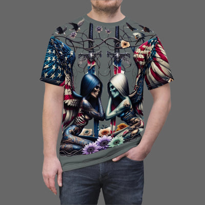 American Flag T-shirt, American Flag Winged Male & Female Silhouette T-shirt