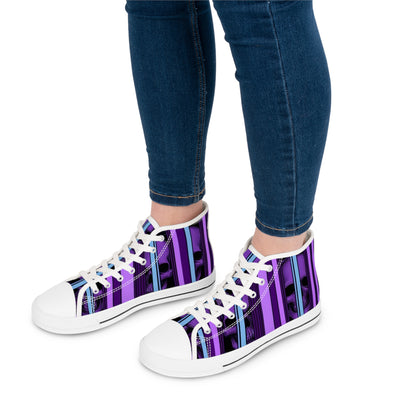 Women's High-Top Sneakers, Purple Skull W/Purple & Aqua Blue Pattern