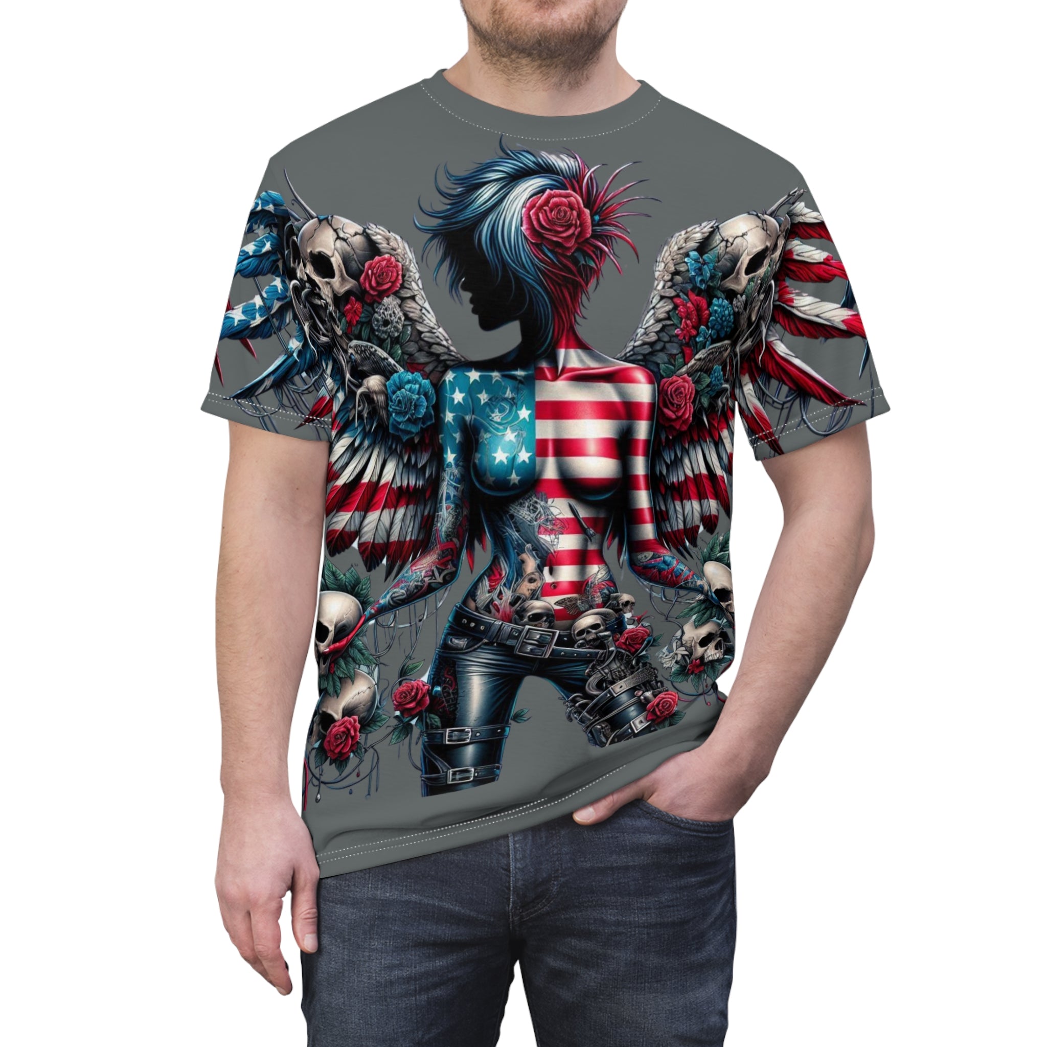 Rebel Wings Unisex Graphic Tee - Edgy Americana Design with Skull & Rose Motif