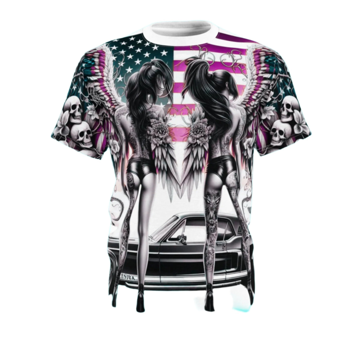 American Flag W/ 2-Winged Female Silhouette & Mustang T-shirt