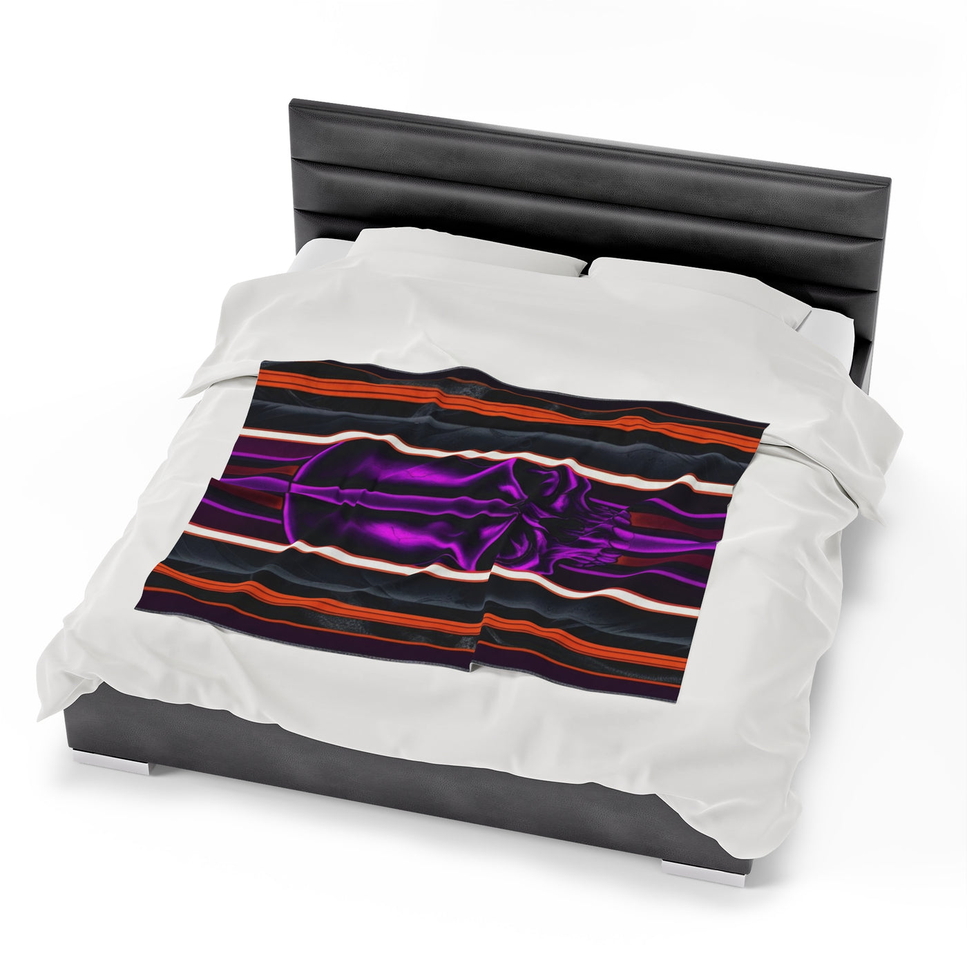 15, Velveteen Purple Skull Blanket W/Red Gray & Black Stripped Pattern