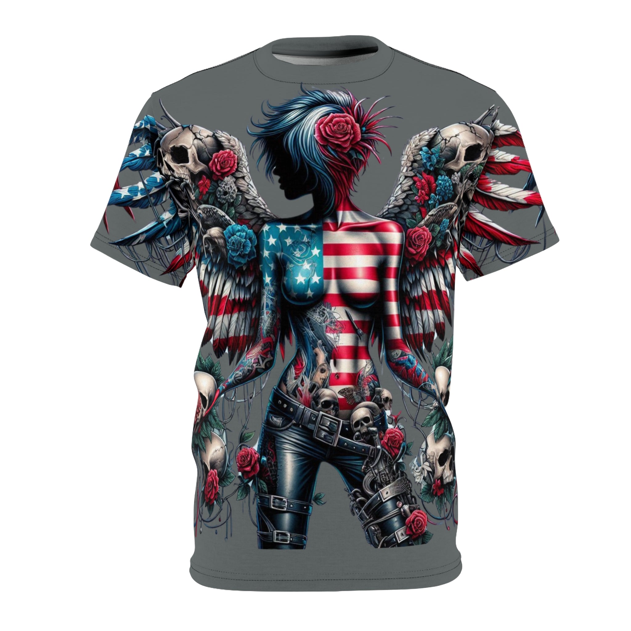 Rebel Wings Unisex Graphic Tee - Edgy Americana Design with Skull & Rose Motif