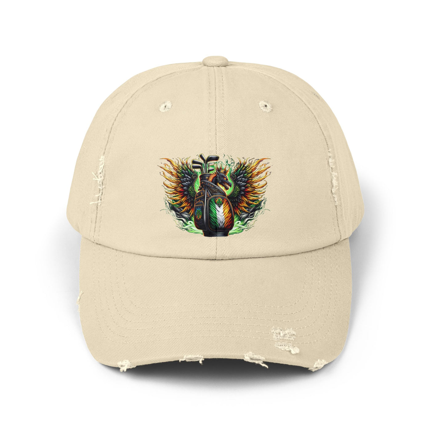 Distressed Golf Cap, Irish Flag Winged Dragon Head Golf Bag Design Hat