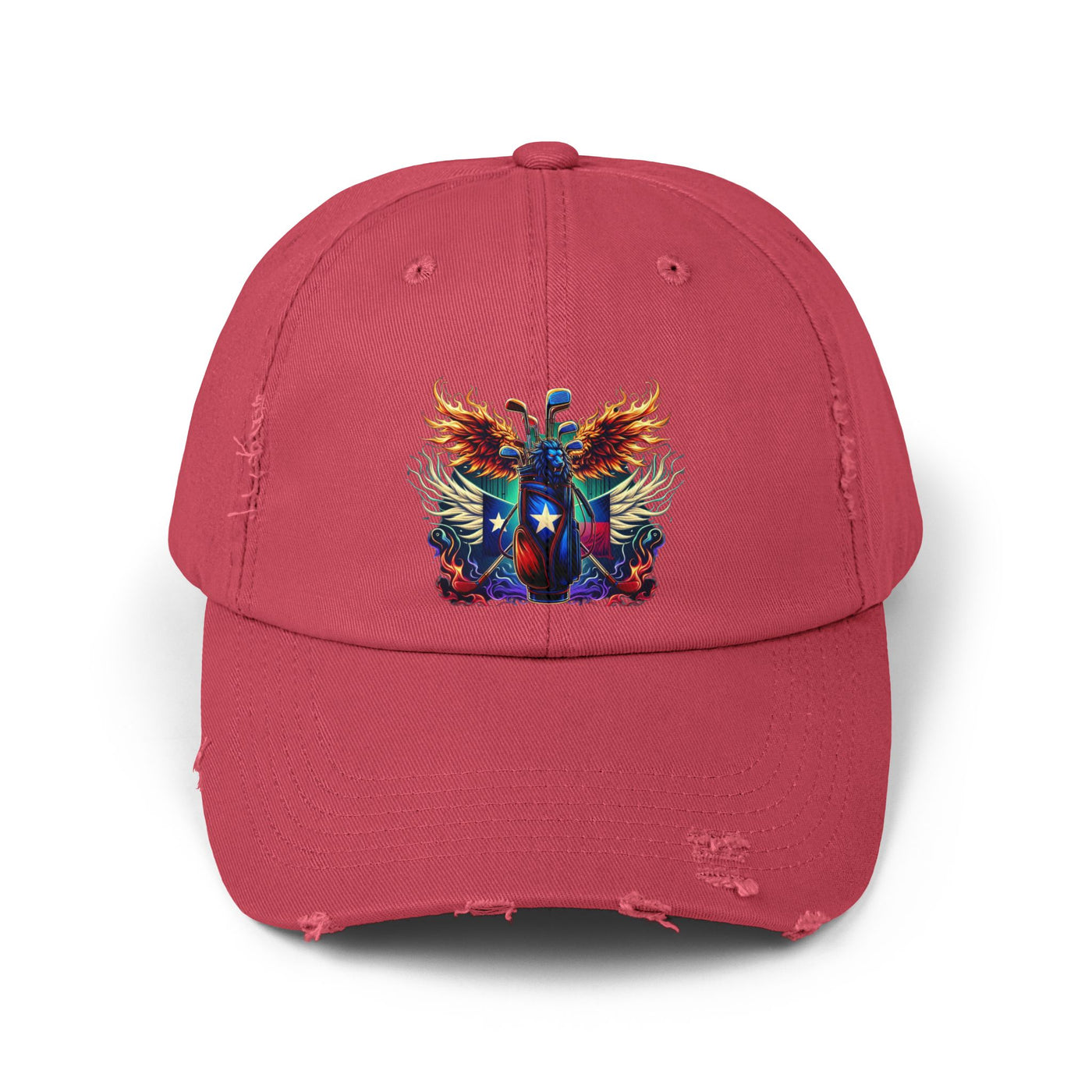 Distressed Golf Cap, Texas Flag Winged Lion Head Golf Bag Design Hat