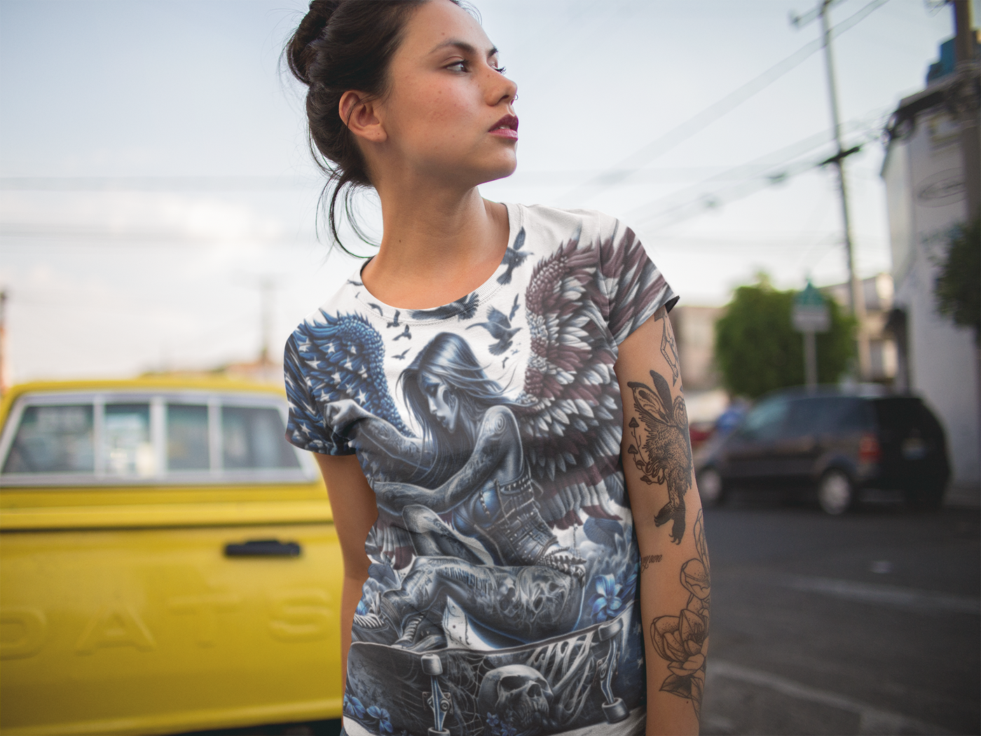 American Flag W/ Winged Female Skateboarding Silhouette T-shirt